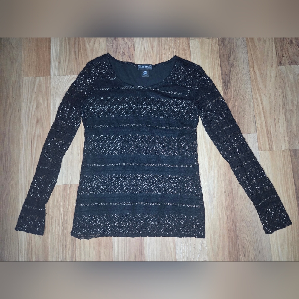 Elementz Black And Gold  Lace Long Sleeve Shirt Size S